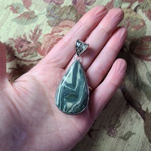 Green and white zebra jasper silver pendant